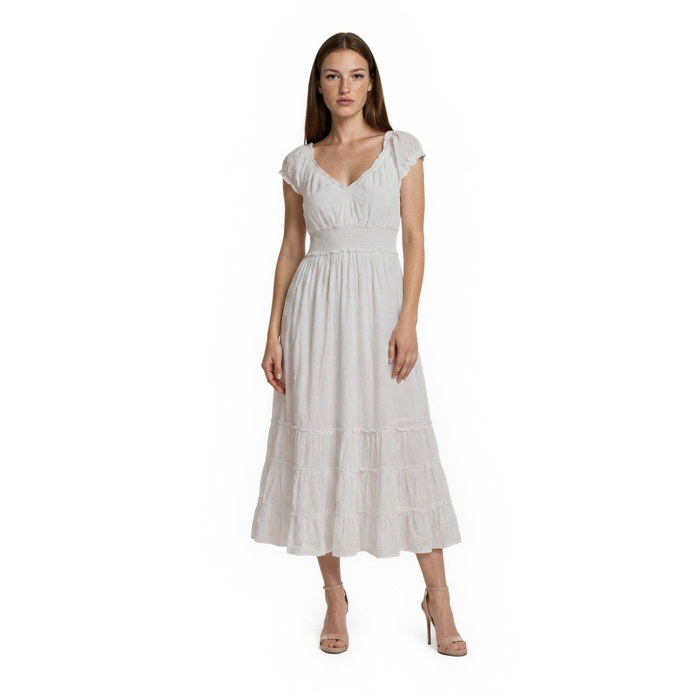Betsey‎ Johnson White 100% Cotton Midi Dress Women's Size Medium Smocked Tiered